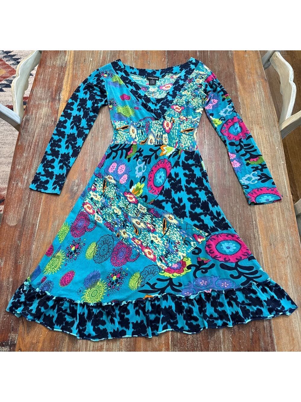 Fashion Fuse Teal Pink Floral Patchwork Dress Small